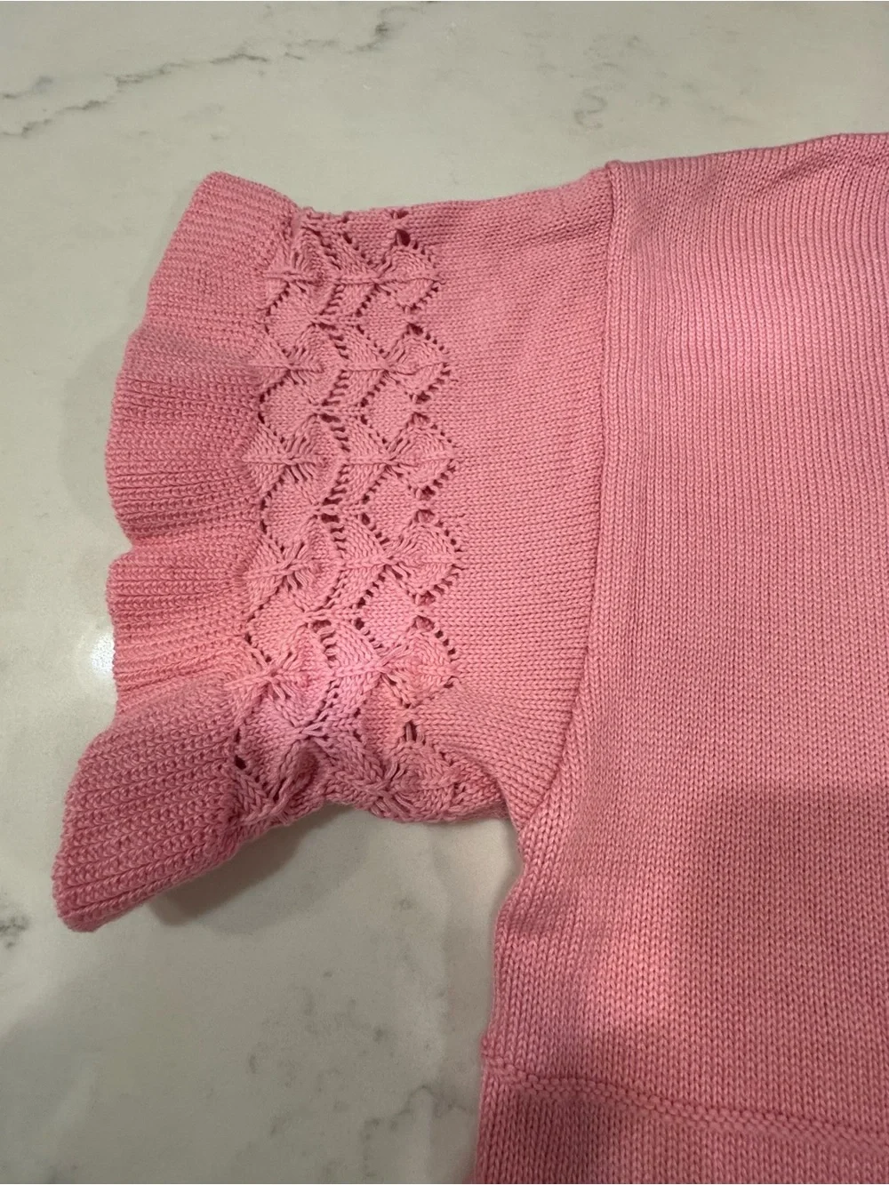 Women's Pink Knit Short-Sleeve Sweater with Lace-Trim Hem - Picture 3 of 9